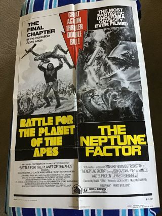 Vint Movie Poster Orig Theater Double Feature Planet Of Apes 1973 Neptune Factor