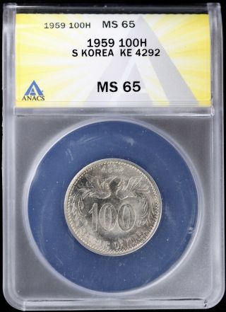 1959 (ke4292) South Korea 100 Hwan Km 3 Anacs Ms65 Bu Uncirculated