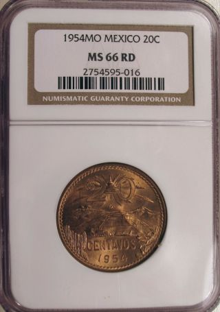 1954 Mexico 20 Centavos - Ngc Ms - 66 Rd