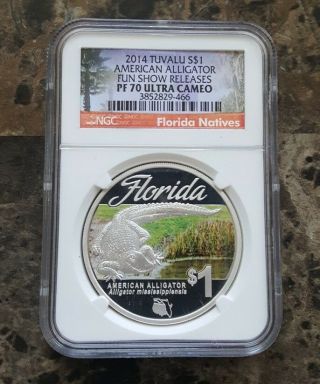 2014 Tuvalu 1 Oz.  999 Silver Florida Alligator Coin Ngc Pf70 Fun Show Releases