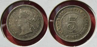 44: 1882h Straits Settlements Malaya Singapore Qv 5 Cents 0.  800 F Silver Coin Xf