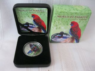 2014 Cook Islands World Of Parrots Crimson Rosella 3 - D Sterling Proof $5 Coin