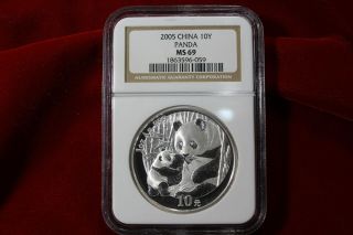 2005 China Panda 10 Yuan 1 Ounce.  999 Fine Silver Coin Ngc Ms 69,  1863596 - 059