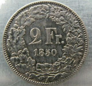 Switzerland Km10 2 Francs 1850 - A Toned Vf,  Once Mounted On Edge.