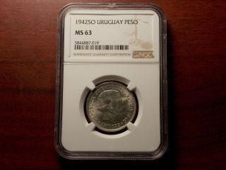 1942 So Uruguay Peso Silver Coin Ngc Ms - 63