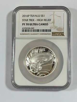 2016 - P Tuvalu Ngc Pf 70 Uc Star Trek Enterprise High Relief $1 Silver Coin