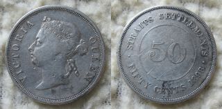 01: 1898 Straits Settlements Malaya Singapore Qv 50 Cents 0.  8 F Silver Coin Fvf