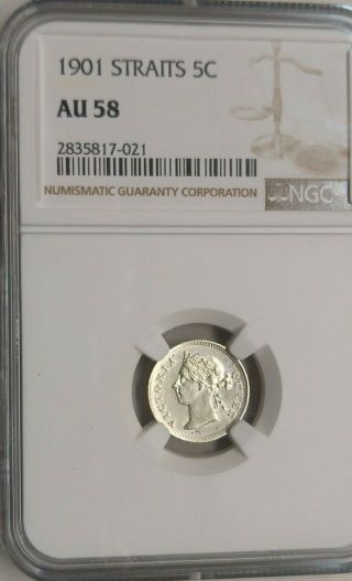 1901 Straits Settlement 5 Cents Silver Coin Ngc Rated Au 58