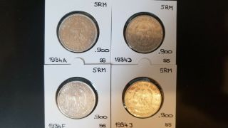 4 X 5 Reichsmark 1934 A/d/f/j - Iii.  Reich - Silver 900/1000 - Vf