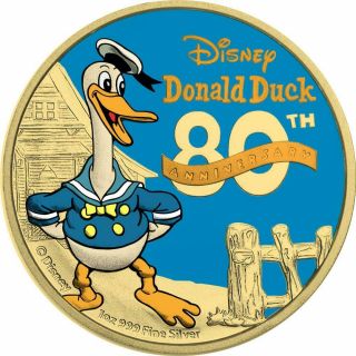 Niue 2014 $2 Donald Duck 80th Ann.  - Yellow Gold & Blue Gold 1 Oz Silver Coin