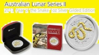 Australia 1 Dollar 2013 Year Of The Snake 1oz Silver Gilded Bullion Box
