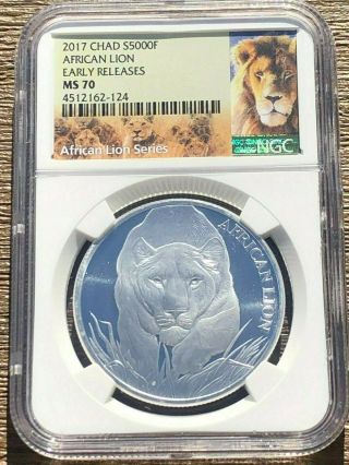 2017 Chad African Lion (1 Oz Fine.  999 Silver) Ngc Ms 70 Early Releases