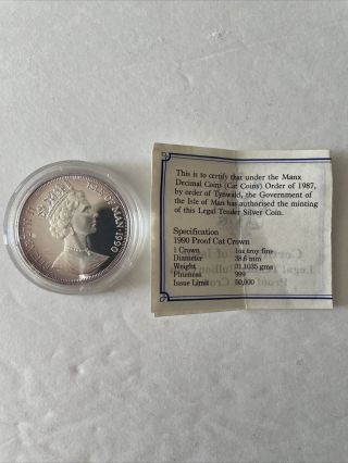 1990 Isle Of Man Silver Alley Cat Coin From Pobjoy 1 Crown 1 Oz.  Af