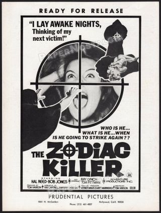 The Zodiac Killer_original 1971 Trade Print Ad / Advert_hal Reed_bob Jones
