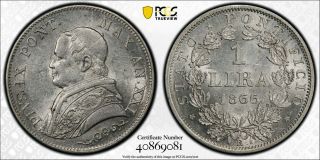 Pcgs Au - 58 Papal States Italy Silver 1 Lira 1866 (anno - Xxi) Km - 1377.  2