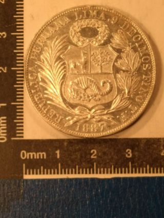 1887 - Tf/bf 1 Sol Silver Coin Peru Au,  /unc Km - 196.  22
