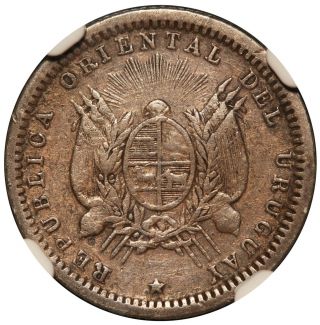 1893/77 So Uruguay 10 Centesimos Silver Coin - Ngc Xf 40 - Km 14 - Top Pop - 1
