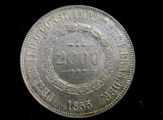 1855 Brazil 2000 Reis Silver Coin Looks Ch Au K 466