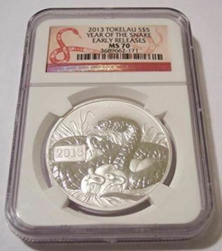 Tokelau 2013 1 Ounce Silver 5 Dollars Year Of The Snake Ms70 Ngc Early Releases