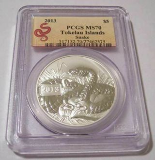 Tokelau 2013 1 Ounce Silver 5 Dollars Year Of The Snake Ms70 Pcgs