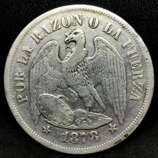 Republic Chile 1878 So (25 Gram) Un (1) Peso 0.  900 Silver Coin Km 142.  1.  2