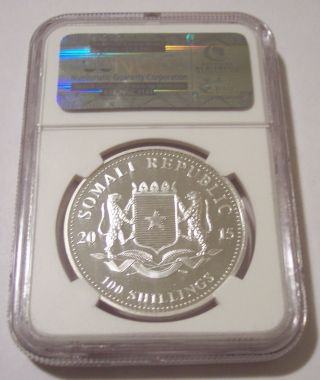 Somalia 2015 1 Ounce Silver 100 Shillings Elephant MS70 NGC 2