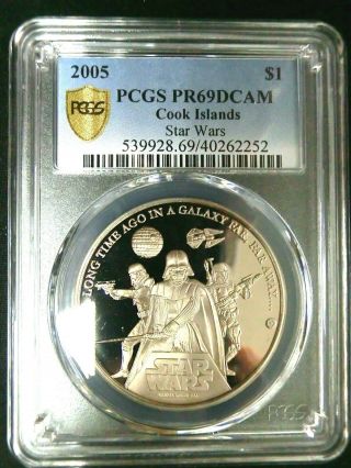 Pcgs Pr69dcam Gold Shield - Cook Islands 2005 Star Wars $1 Almost Perfect Proof