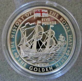 2003 Guernsey 5 Pounds Silver Proof Coin.  The Golden Hind.  Royal Navy.  Unc