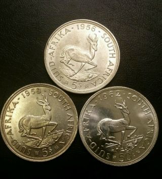 1956 1958 1962 South Africa Coins 5 Shillings 50c 3 Silver Coins
