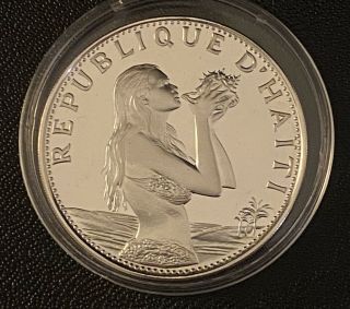Haiti 50 Gourdes Silver Proof Coin 1974 Woman With Conch On The Beach Capsulated