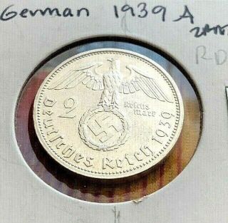 1939 A 2 Mark Wwii German Silver Coin 3rd Reich Reichsmark Coin Die Shift Error