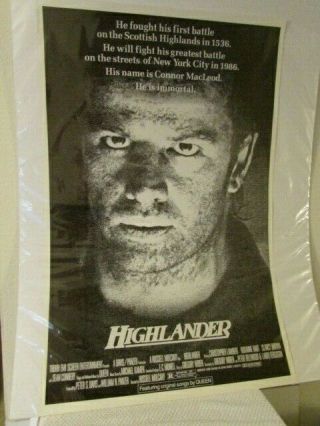 Highlander Movie Poster Rolled 26.  5 X 40 Sean Connery Christopher Lambert 1986