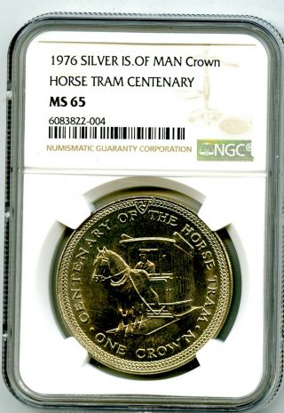 1976 Great Britain Isle Of Man Silver Crown Horse Tram Centenary Ngc 65