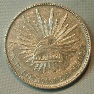 1902 Mo Am Mexico Silver Un Peso Cap & Rays Uncirculated Detail Cleaned (z118)