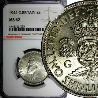 Great Britain George Vi Silver 1944 Florin /2 Shilling Ngc Ms62 Wwii Issue Km855