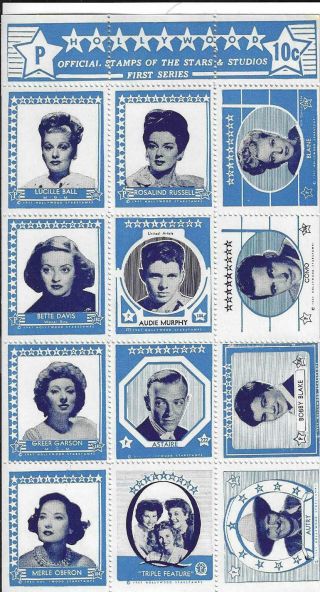 Rare 12 Hollywood Sticker Stamp Full Sheet 1947 Series P Lucille Ball More