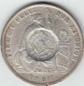 1868 Guatemala Un Peso Counter Stamp In A Un Sol Peru Silver Coin