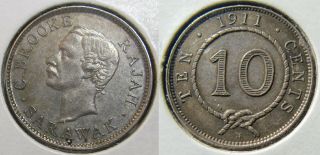 61: 1911h Malaysia Sarawak Rajah Charles J Brooke 10 Cents 0.  8 F Silver Coin Xf,