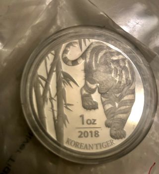 2018 South Korean Tiger 1 Oz.  999 Silver Bu Coin Proof Limited Mintage Capsule,
