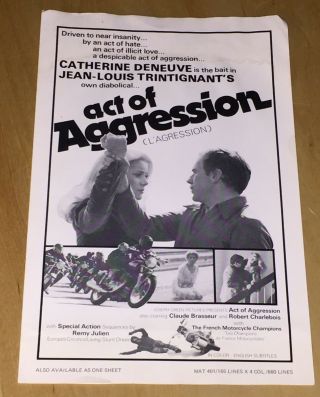 Act Of Aggression Film Poster Ad Mats Catherine Deneuve Jean Louis Trintignant