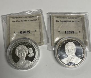 2000 Liberia $20 President Ronald & 03 First Lady Nancy Reagan.  999 Silver Coins