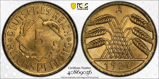 Pcgs Ms - 66 Germany Weimar Republic 5 Reichspfennig 1936 - A (pop: 8/2)