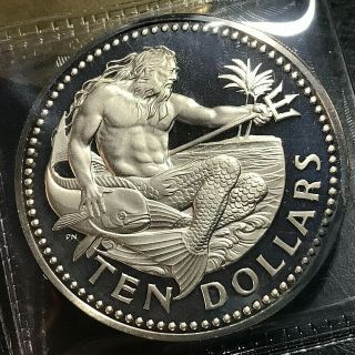 1973 Barbados $10 Silver King Neptune Proof Crown
