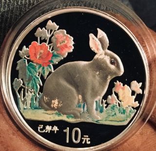 China Silver 1999 Lunar Rabbit 10 Yuan Colorized 1oz Proof With Pagoda Temple