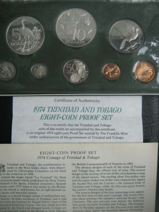 Trinidad & Tobago 1974 Proof Set W/ 2 Silver Coins Franklin Mint: Cent - $10