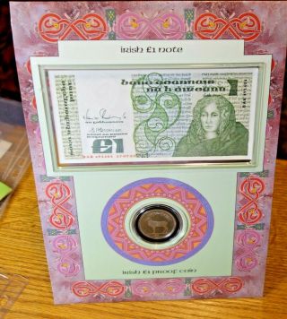 Ireland: Official Irish One Punt Note & Proof Coin Set In Display Case.  F.  Ship