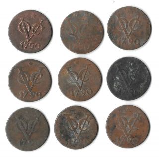 9 Coins Netherlands East Indies,  Voc Utrecht 2 Duits 1790 Km 118 Kk6.  3