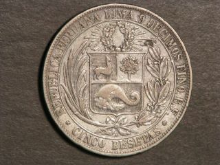 PERU - PROVISIONAL GOVT.  1880BF 5 Pesetas Silver VF 2