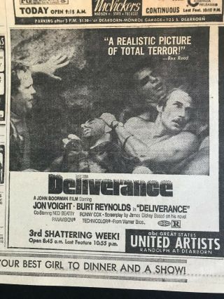 1972 Deliverance Chicago Sun - Times Newspaper Movie Ad 3rd Week 2 Pages