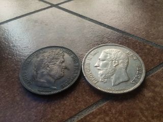 1831 French Silver 5 Franc Coin,  1868 Silver 5 Franc Belgium Coin - Both Heavy